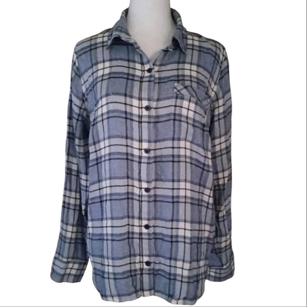 Lucky Brand Women's Blue Bungalow Plaid Split Tail Button Detail Size Medium